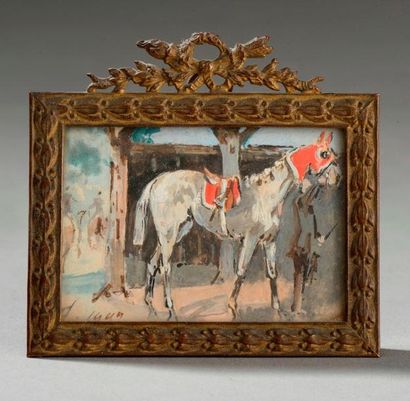 Baron Jules FINOT(1829-1906) Un cheval avant la course Gouache et aquarelle datée...