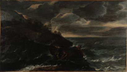 Attribué à Francesco Maria BORZONE (1625-1679) Pêcheurs traversant un détroit sur...