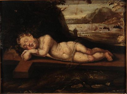 Ecole ESPAGNOLE vers 1640 Le Christ enfant endormi sur la croix Panneau peint au...