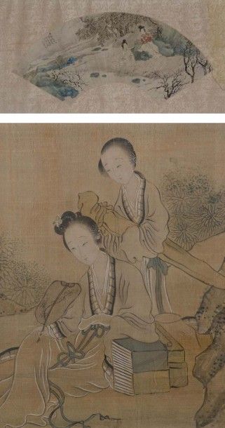 null Éventail, encre et couleur sur papier encadré Chine, XIXe siècle Représentant...