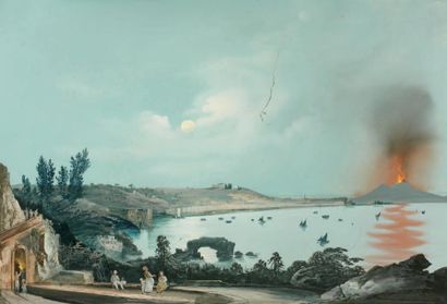 École du PAUSILIPPE, vers 1820 Vue de la baie de Naples au crépuscule Gouache. (accidents)....