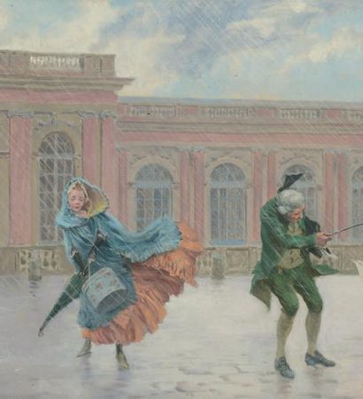 Maurice LELOIR (1853-1940) Pluie, vent au grand Trianon Huile sur toile signée en...
