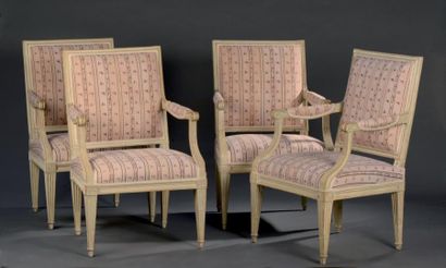 null Suite de quatre fauteuils estampillés Dupain et JME, d'époque Louis XVI. En...