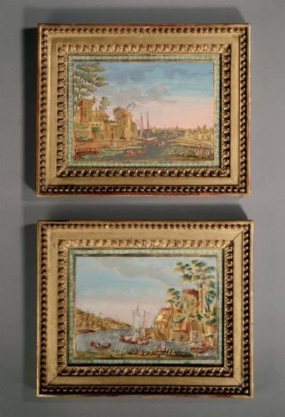 null Deux tableautins par Compigné, époque Louis XVI. Deux paysages maritimes, animés...