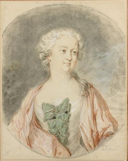 Jean-Baptiste MASSE (1687-1767) Portrait de femme Crayon noir, estompe, sanguine,...