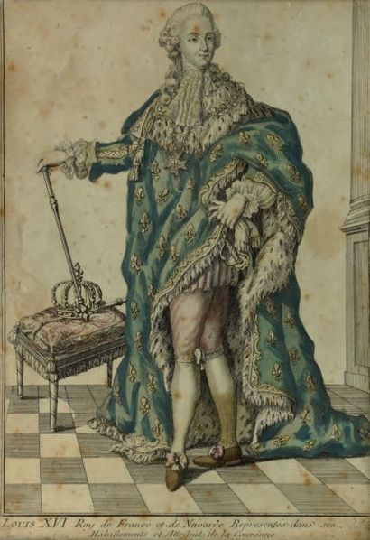 null Louis XVI en habit de sacre Gravure rehaussée vers 1775. 32,5 x 23,5 cm