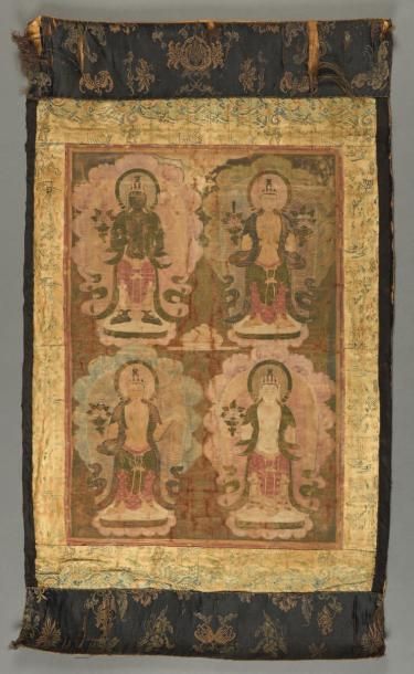 null Thangka à l'encre et couleur sur toile Tibet, XIXe siècle Représentant quatre...