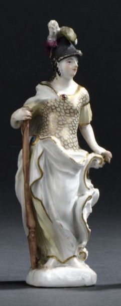 MEISSEN Statuette de Minerve, XVIIIe s. Porcelaine à décor polychrome. (petits éclats)....