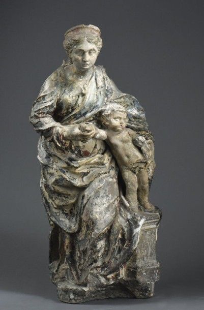 null Vierge à l'Enfant, 2nde moitié du XVIe siècle En pierre calcaire sculptée en...