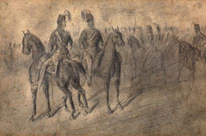 CONSTANTIN GUYS (1802-1892) 
Deux officiers de cavalerie
Fusain et crayon.
26 x 17...