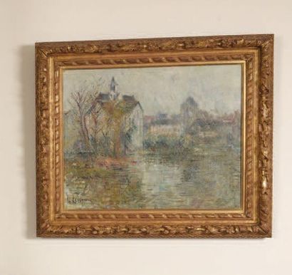 Gustave LOISEAU (1865-1935) 
Moret-sur-Loing ?Effet de pluie?
Huile sur toile, signée...