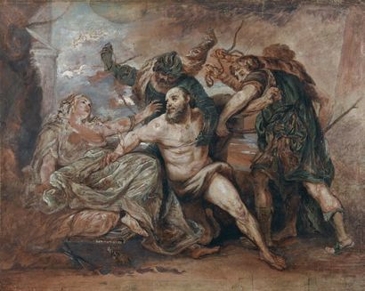 Ecole Flamande du XVIIIe siècle Samson et Dalila, d'après van Dyck
Gouache. (déchirures...