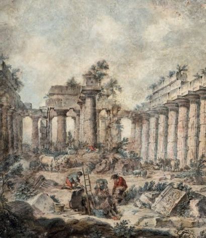 École FRANÇAISE du XVIIIe siècle Ruines
Gouache.
10 x 13 cm (à vue)