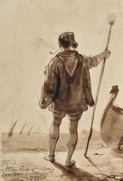Horace VERNET (1789-1863) Marin sur un quai
Plume et encre brune sur traits de crayon...