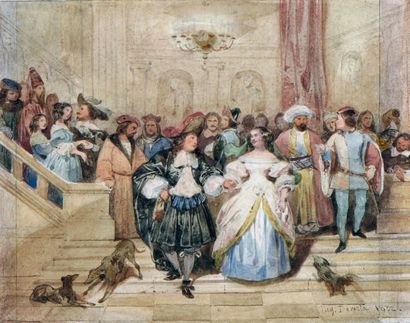Eugène DEVERIA (1808-1865) Louis XIV descendant l'escalier
Aquarelle.
Signée en bas...