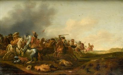 Jan Jacob Van der STOFFE (Leide 1611- 1682) Choc de cavalerie Panneau de chêne, une...