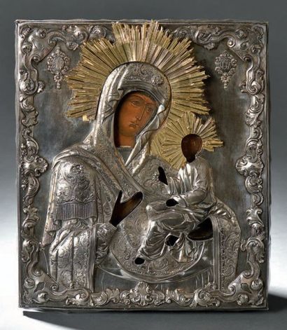  Mère de Dieu de Tikhvine Russie 185?, Moscou Peint sur bois, oklad en argent, nimbe...
