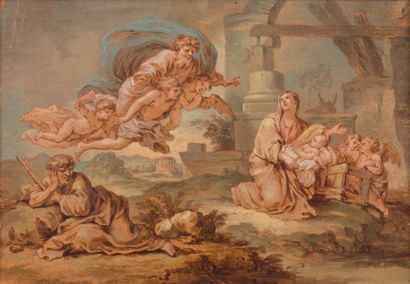 Etienne JEAURAT (1699 - 1789) Dieu le père apparaissant à la vierge Papier marouflé...