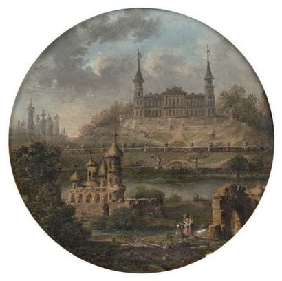 Ecole FRANÇAISE, vers 1780 Châteaux au bord d'une rivière Carton. D. 13,5 cm