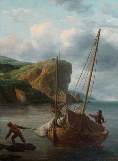 Louis Philippe Crépin d'Orléans (1772-1851) L'accostage Panneau de noyer, une planche,...