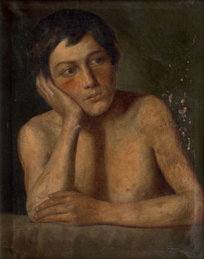 École ALLEMANDE, vers 1820 Portrait d'un jeune garçon en buste accoudé Sur sa toile...