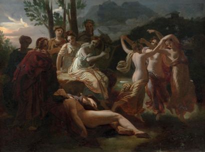Ecole FRANCAISE, vers 1830 Apollon et les Muses
Papier marouflé sur toile. (craquelures,...