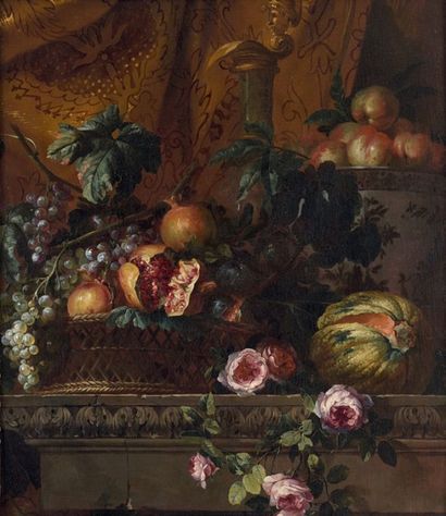 Jean-Baptiste MONNOYER (1636-1699) 
Panier de grenades et raisins, melon et roses...