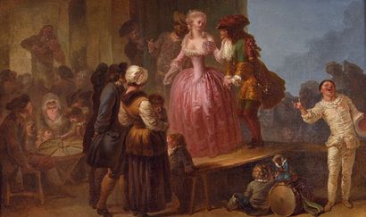 François EISEN (Bruxelles, 1685 - après 1778) 
Le marchand d'orviétan et Comédiens...