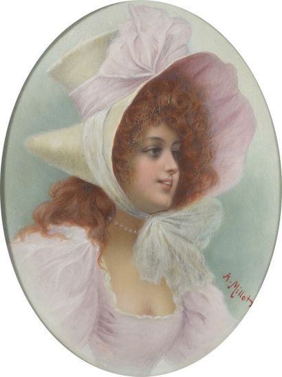 Philippe MILLOT (1851-1921) 
Elégante à la toilette rose
Huile sur panneau ovale,...