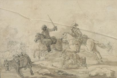Ecole de la fin du XVIIe - début XVIIIe siècle 

Combat de cavaliers 

Encre et ...