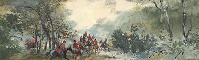 Baron Jules Finot (1829-1906) 
Chasse à courre
Gouache signée et datée 78.
7 x 21,5...