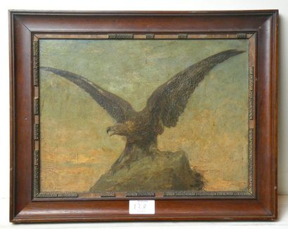 École Française du XIXe siècle 
Un aigle 
Huile sur panneau.
24 x 32,5 cm