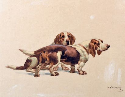 Charles Fernand de Condamy (1847-1913) Bassets au repos Aquarelle. 16 x 20 cm