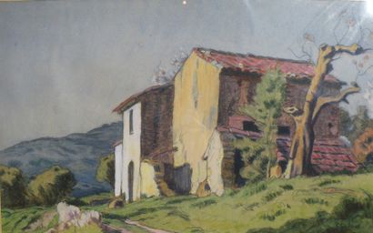 GUILLOUX (XXe siècle) Vue d'une maison en ruine dans le sud de la France Aquarelle...