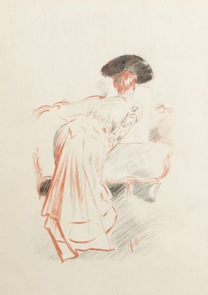 Paul-César HELLEU(1859-1927) 
Femme de dos au chapeau noir
Dessin au crayon noir...