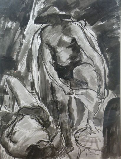 André DUNOYER DE SEGONZAC (1884-1974) 
Couple sur la plage
Encre de Chine et aquarelle...