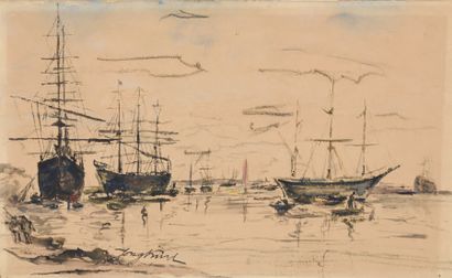 Johan-Barthold JONGKIND (1819-1891) Trois bateaux au port Dessin et aquarelle signée...