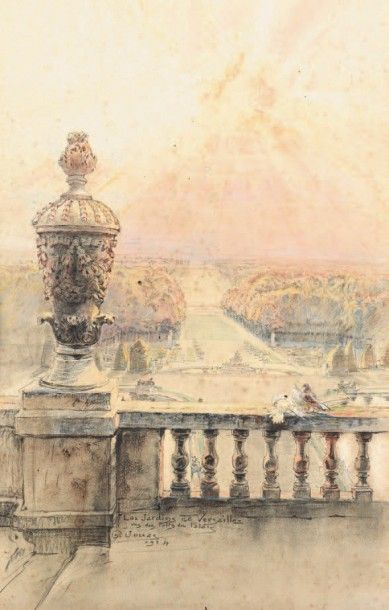 Charles JOUAS (1886-1942) Les jardins de Versailles vus des toits Pastel signé en...