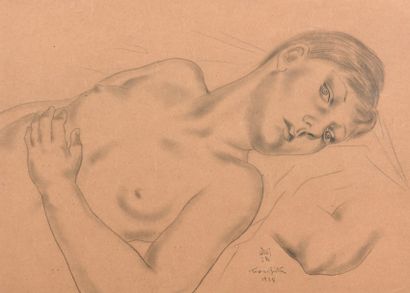 Tsuguharu FOUJITA (1886-1968) 
Femme nue allongée en buste
Dessin signé en bas au...