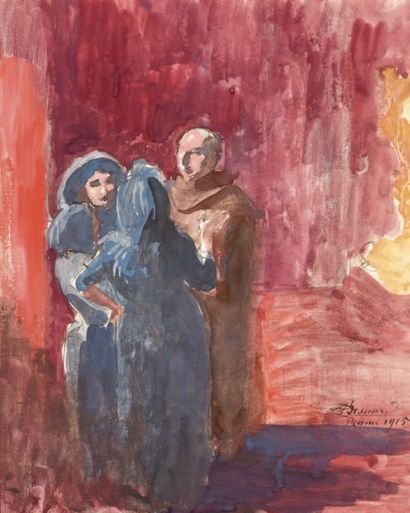 Albert BESNARD (1849-1934) Moine franciscain parlant avec deux femmes Aquarelle,...