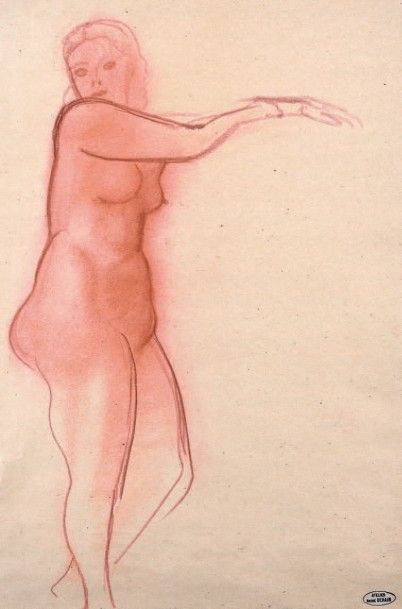 André DERAIN (1880-1954) 
Nu debout au bras tendu Sépia sur papier, signé du cachet...