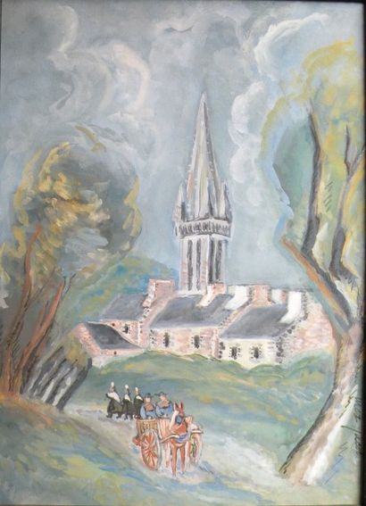 Max Cyprien JACOB (1876-1944) 
En Bretagne
Gouache sur panneau signée en bas à droite.
34...