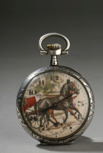 null Montre de poche, fin du XIXe siècle.
En argent gravé, le cadran décoré de chevaux.
D....