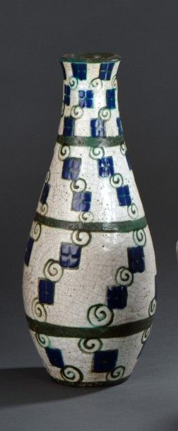 Edouard CAZAUX (1889-1974) 
Grand vase piriforme allongé en grès. Décor de cercles...