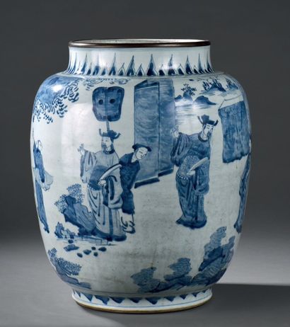 Grande jarre en porcelaine bleu blanc, Chine,...