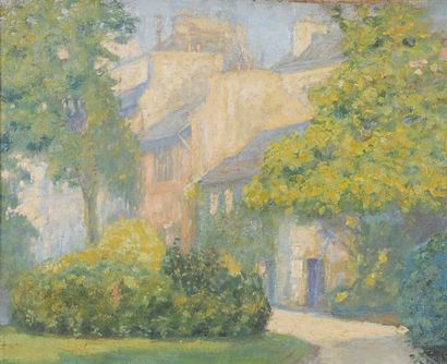 Marcel COURTOIS La maison vue du jardin Huile sur panneau. 29 x 39 cm