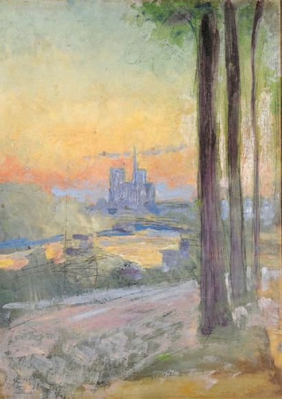 Marcel COURTOIS Vue de la cathédrale à l'aube Huile sur panneau. 39 x 29 cm