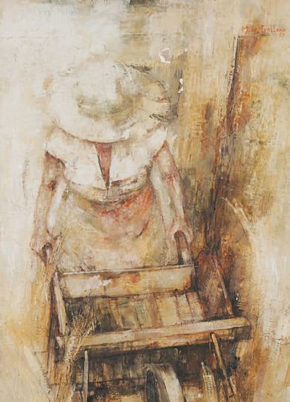 Michel de GALLARD (né en 1921) La femme à la brouette Huile sur toile. Signée en...