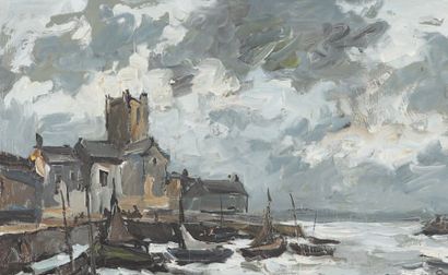 Fernand HERBO (1905 - 1995) Vue du port de Honfleur Huile sur toile. Signée en bas...