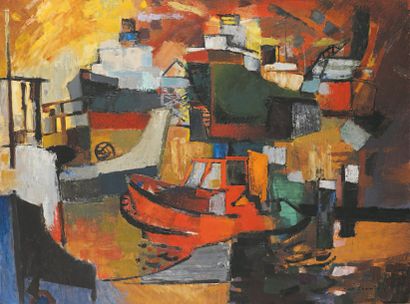 Jack CHAMBRIN (1919 - 1983) Le port Huile sur toile. Signée en bas à gauche. Porte...